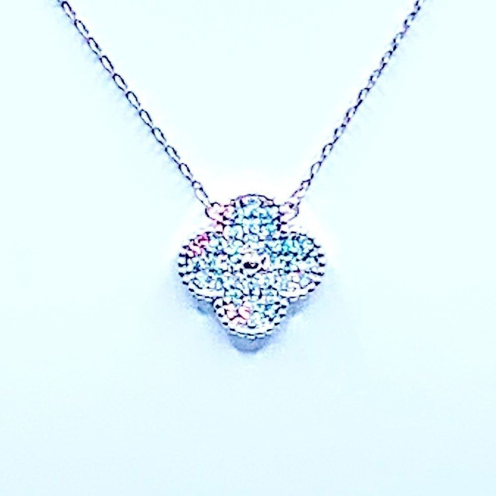NEW! WHITE CZ PAVE INLAY LUCKY CLOVER PENDANT NECKLACE IN SILVER TONE